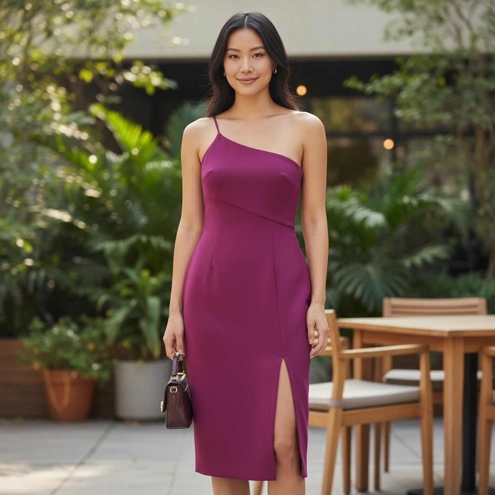 Likely One-Shoulder Midi Dress in Deep Plum